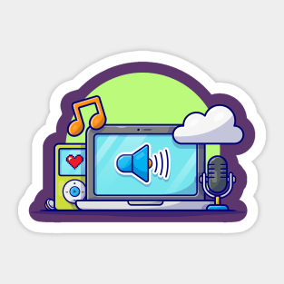 Cloud Music with Laptop, Microphone, Music Player and Note of Music Cartoon Vector Icon Illustration Sticker